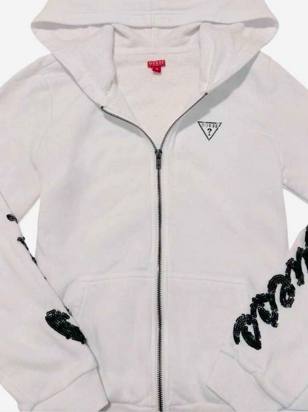 Guess White Zip-Up Hoodie with Black Sequin Script